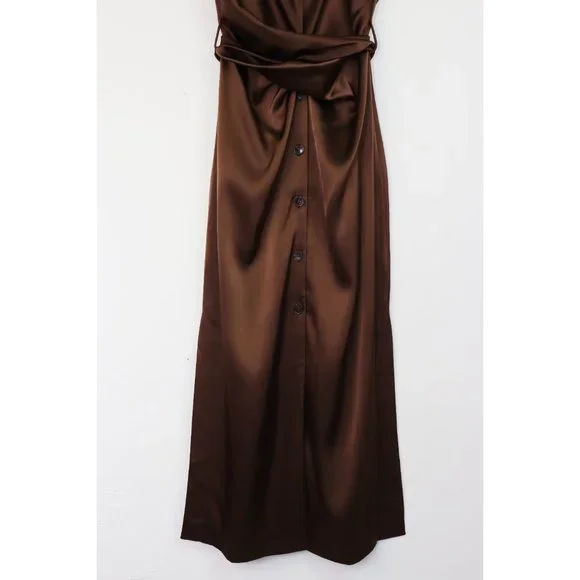 NWT Nanushka Dress Sayan Satin Spaghetti Strap Belted Wrap Tie Midi Slip Brown L - Picture 8 of 11